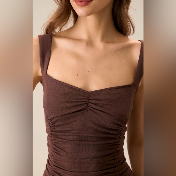 NWT RIHOAS Women's Coffee Ruched Knitted Slip Midi Dress Sz L - Picture 2 of 8